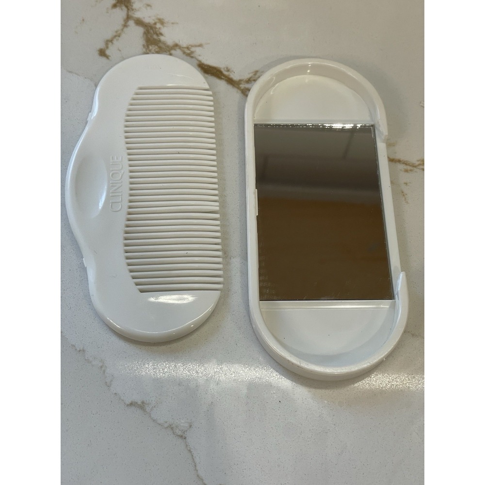 Vintage Clinique Comb & Mirror Set Snap White Travel Compact Purse Plastic Fine